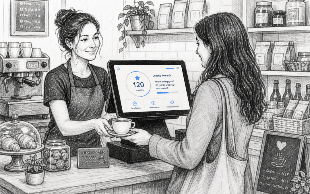 Black and white sketch of a UK café with a touchscreen POS terminal showing customer loyalty features