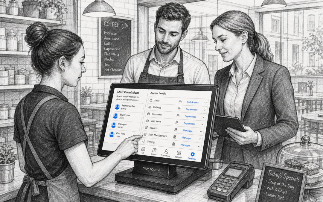 Hand-drawn sketch of a UK café or retail till with a touchscreen EPOS terminal showing staff permission controls.
