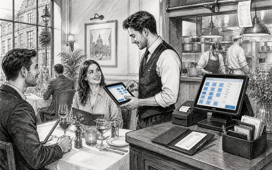 Black and white sketch of a UK restaurant server using a Samtouch-style POS terminal to improve table service and order accuracy.