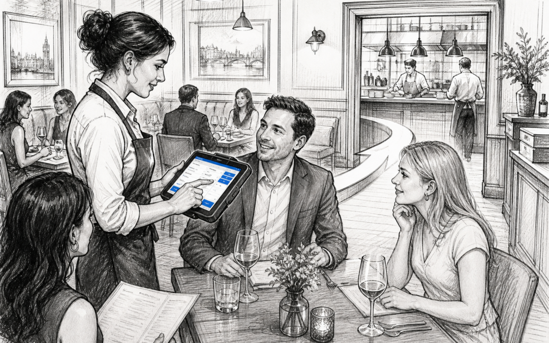 Hand-drawn sketch of tableside EPOS being used in a UK restaurant to improve service speed