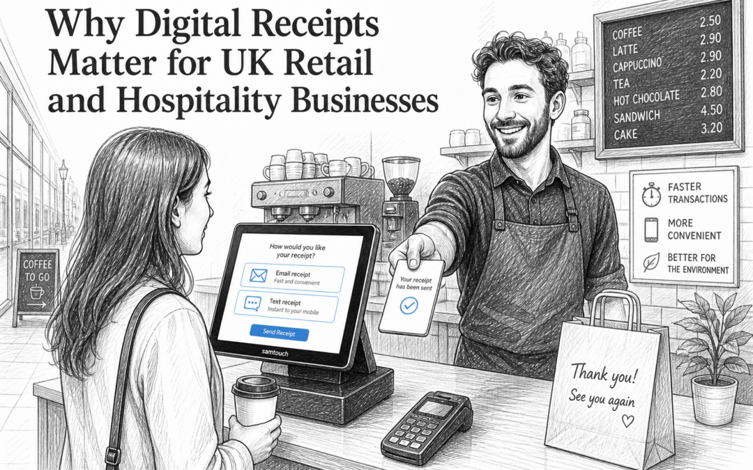 Black and white sketch of a Samtouch POS terminal in a UK shop or café showing a customer receiving a digital receipt