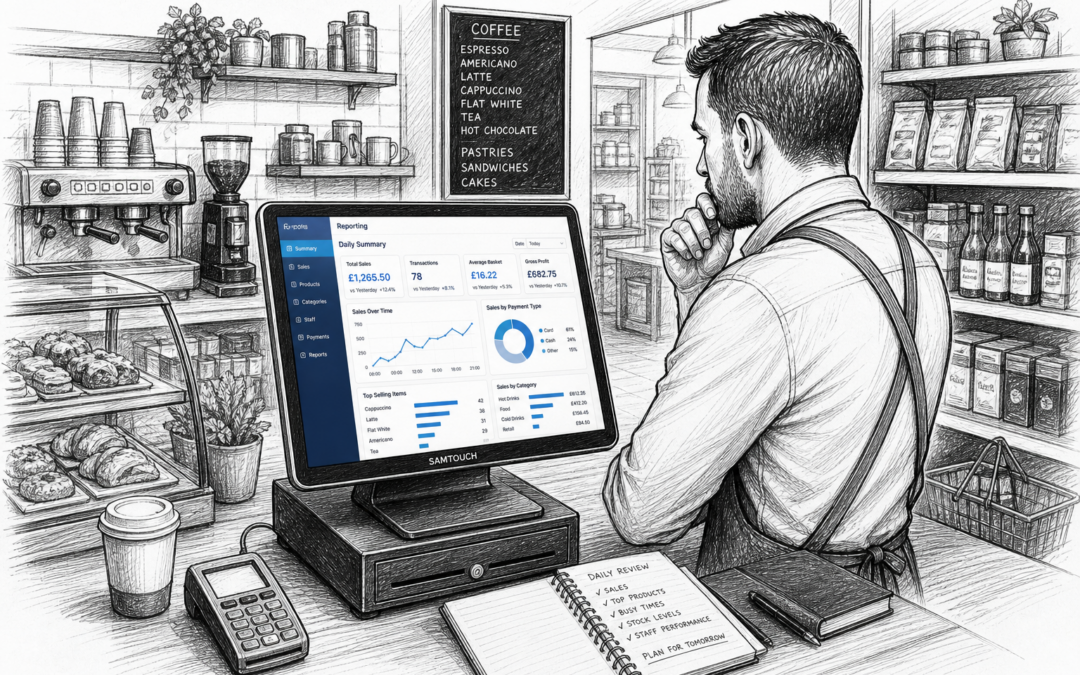Hand-drawn sketch of a UK café or retail counter with a Samtouch POS terminal showing sales reports and daily trading insights.