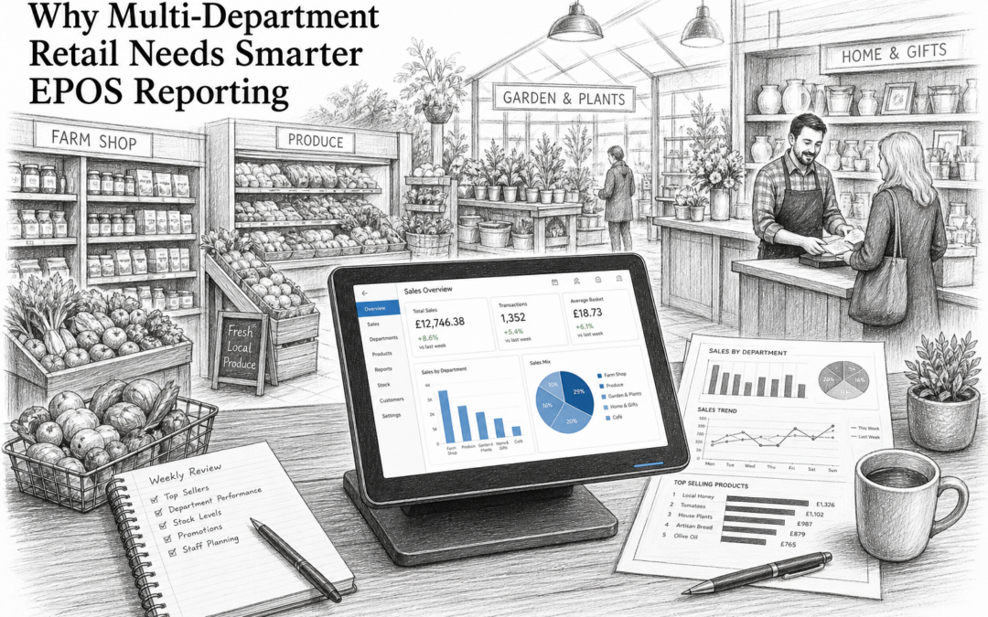 Black-and-white sketch of a multi-department retail shop with a Samtouch EPOS terminal and sales reporting charts