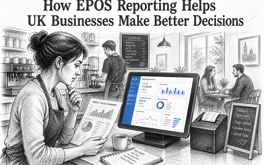Pencil and ink sketch of a UK café owner using a Samtouch POS terminal to review EPOS sales reports and business data.