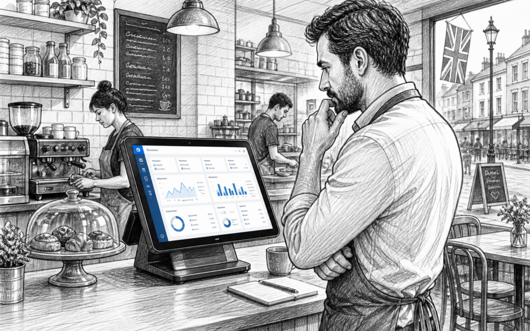 Black-and-white sketch of a UK café owner reviewing EPOS sales reports on a touchscreen terminal