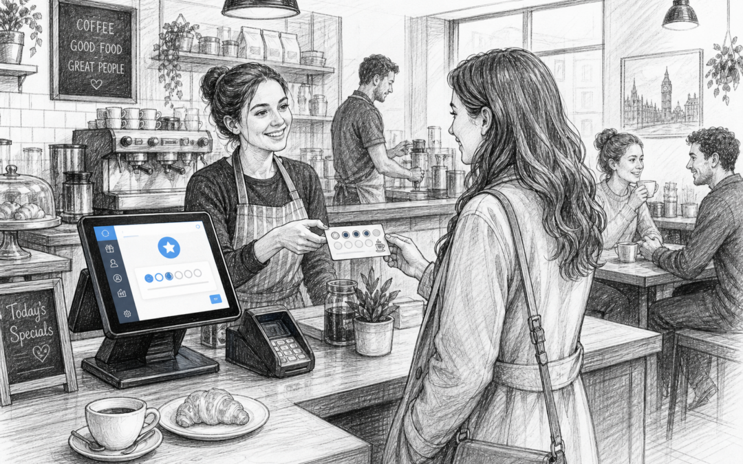 Hand-drawn sketch of a UK café using a Samtouch POS terminal to support customer loyalty and repeat visits.