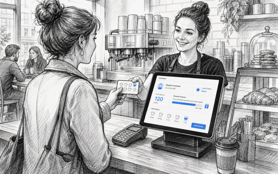 Sketch illustration of a café or takeaway using a Samtouch POS terminal to manage customer loyalty