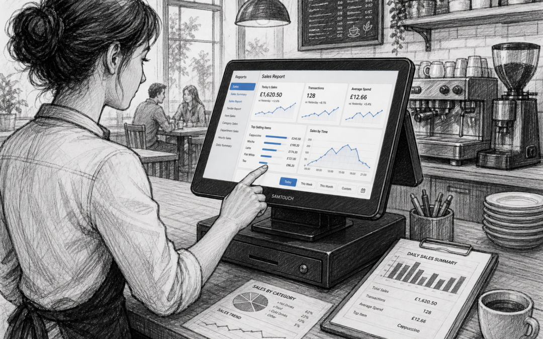 Hand-drawn sketch of a café or restaurant using an EPOS touchscreen to review sales reports