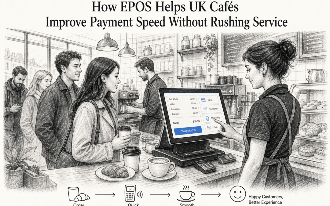Hand-drawn sketch of a UK café using an EPOS touchscreen to speed up payments at a busy counter