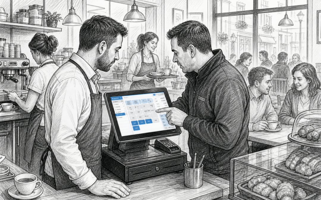 Black-and-white sketch of a UK café with a touchscreen EPOS terminal and local support helping keep service moving