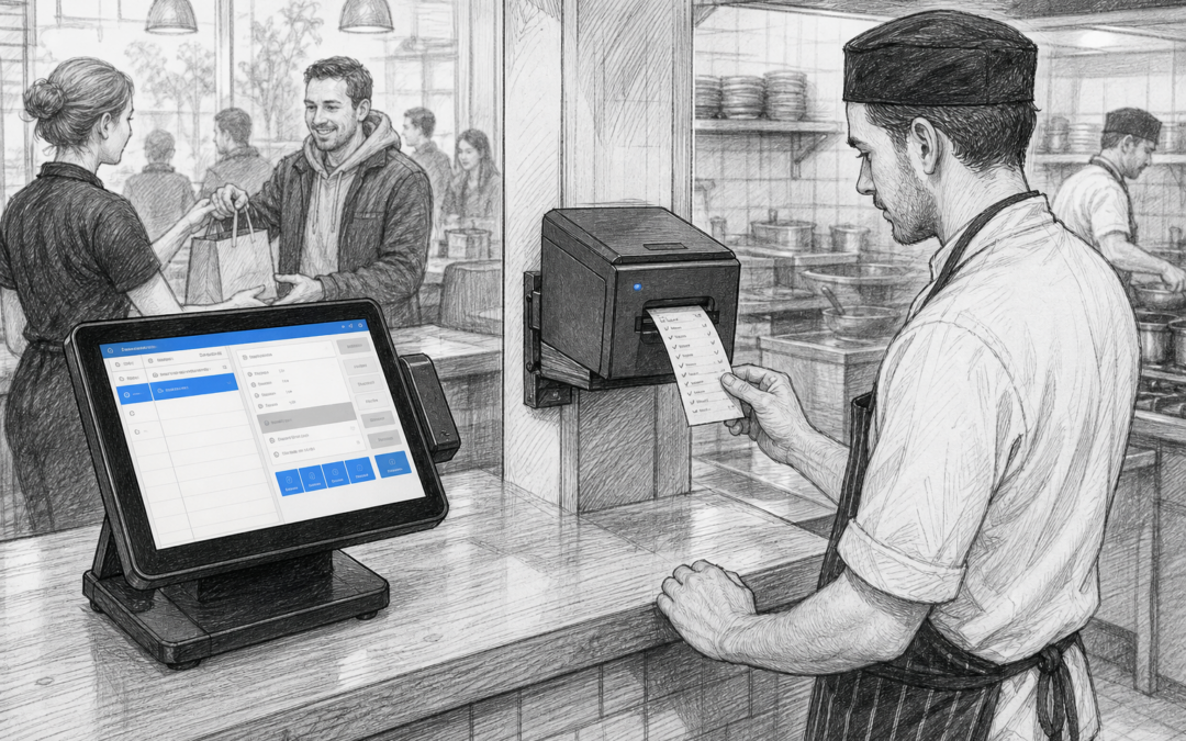 Black-and-white sketch of a UK restaurant takeaway counter with a Samtouch POS terminal sending orders to a kitchen printer for faster, more accurate service.