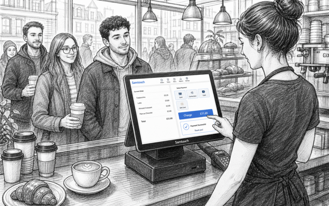 Hand-drawn sketch of a UK café using a touchscreen EPOS terminal to speed up payments and keep the queue moving