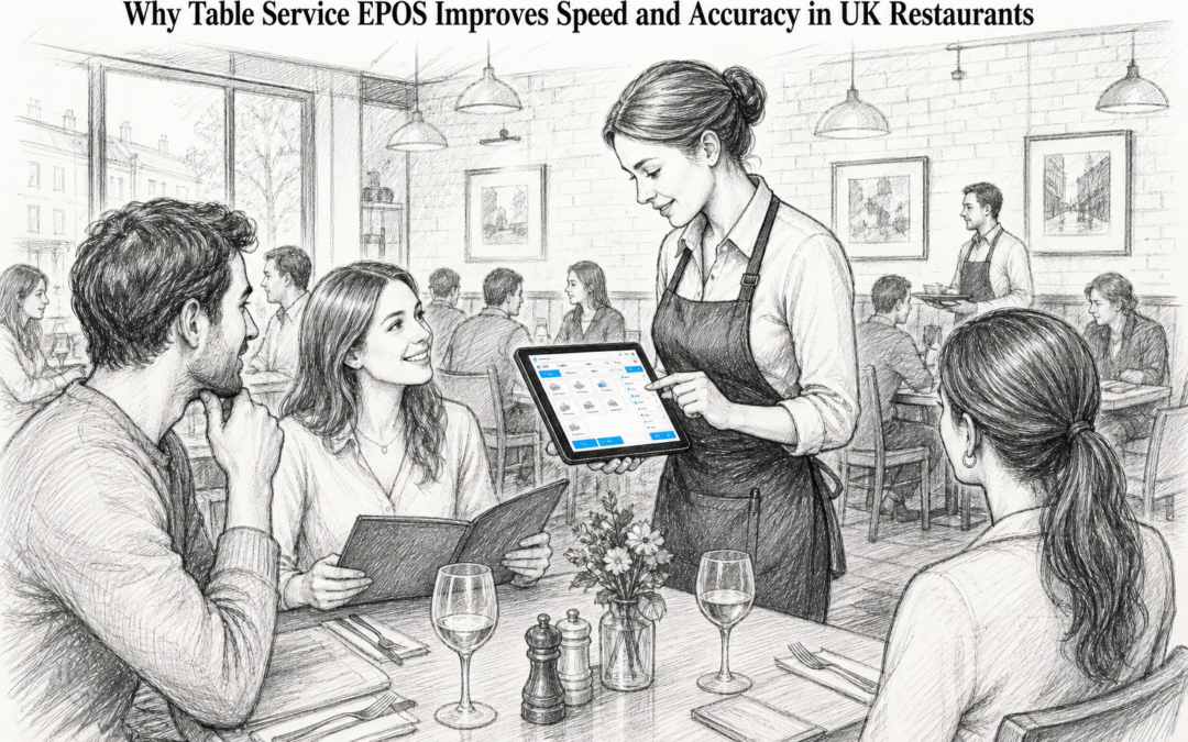Black-and-white sketch of a restaurant server using a Samtouch-style touchscreen POS terminal for table service in a busy UK restaurant.