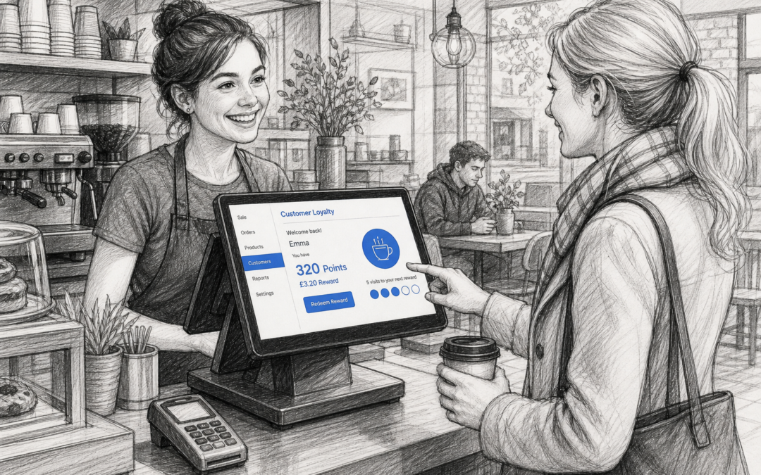 Hand-drawn sketch of a UK café customer loyalty scene with a Samtouch-style EPOS terminal