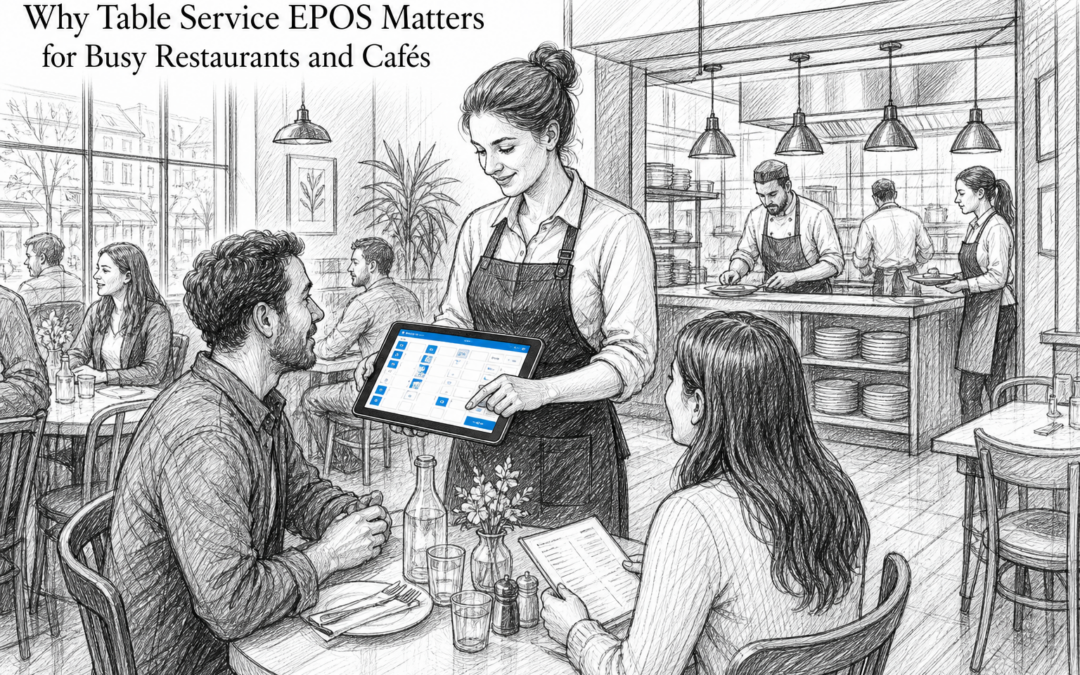 Pencil and ink sketch of a restaurant staff member using a touchscreen EPOS terminal for table service in a busy UK café or restaurant.