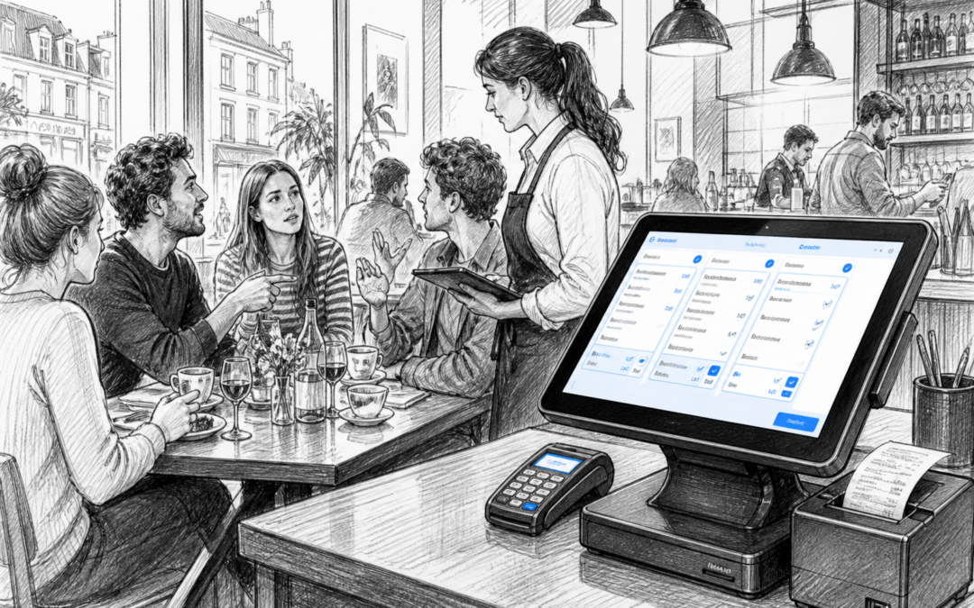 Black-and-white sketch of a UK hospitality venue showing customers splitting a bill at a Samtouch EPOS terminal