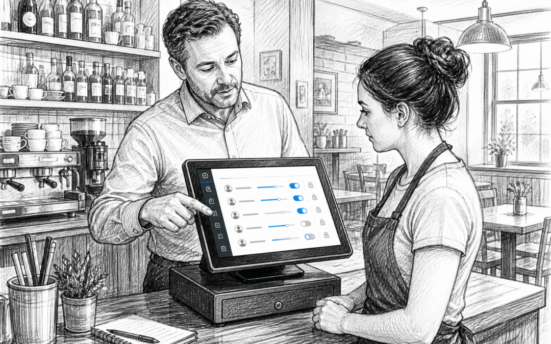 Black-and-white sketch of a UK café or retail till showing staff permissions on a Samtouch EPOS terminal