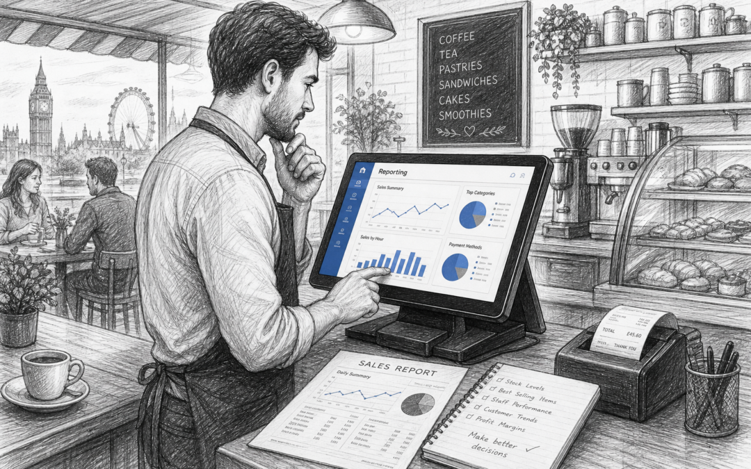 Black-and-white sketch of a café owner reviewing EPOS sales reports on a touchscreen POS terminal