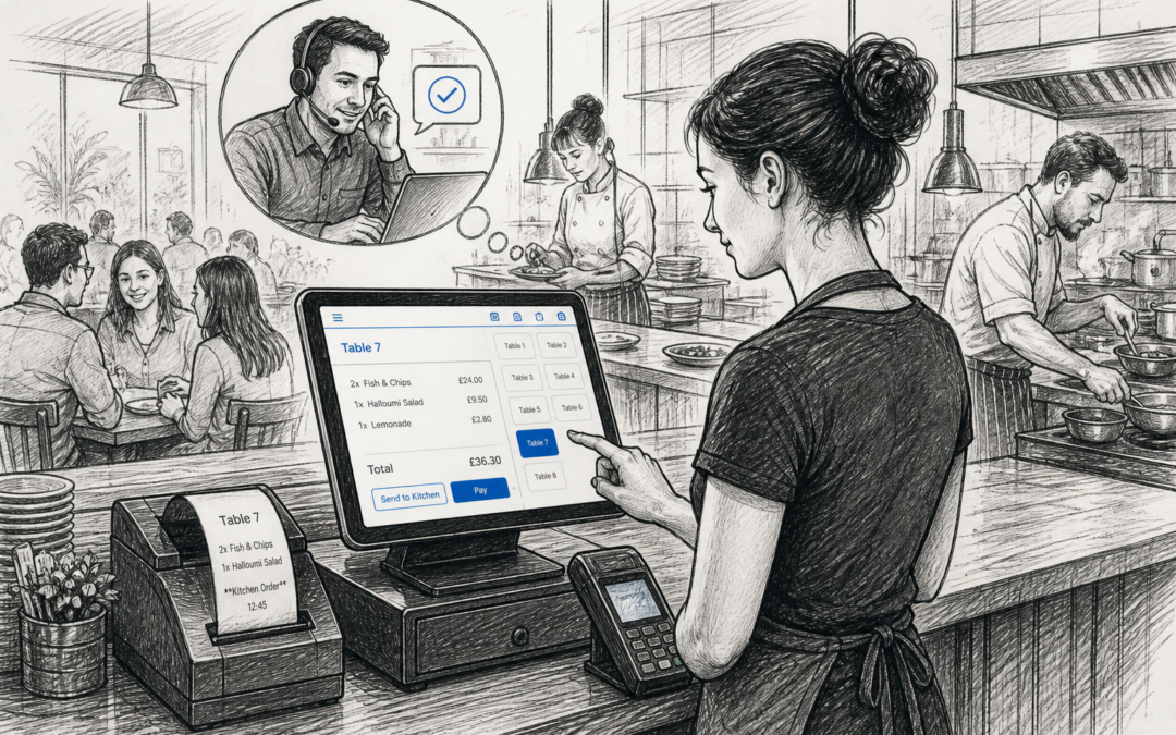 Sketch of a UK café or restaurant using a Samtouch touchscreen EPOS system with staff support during a busy service