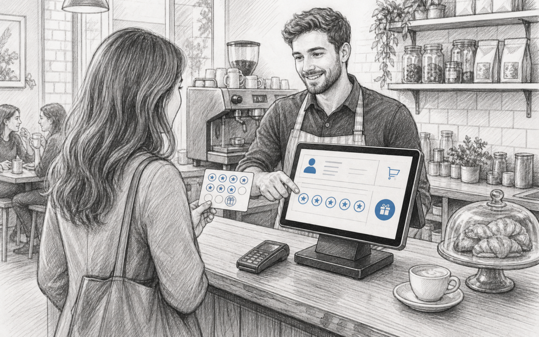 Pencil and ink sketch of a UK café or retail counter with a Samtouch POS terminal and customer loyalty features