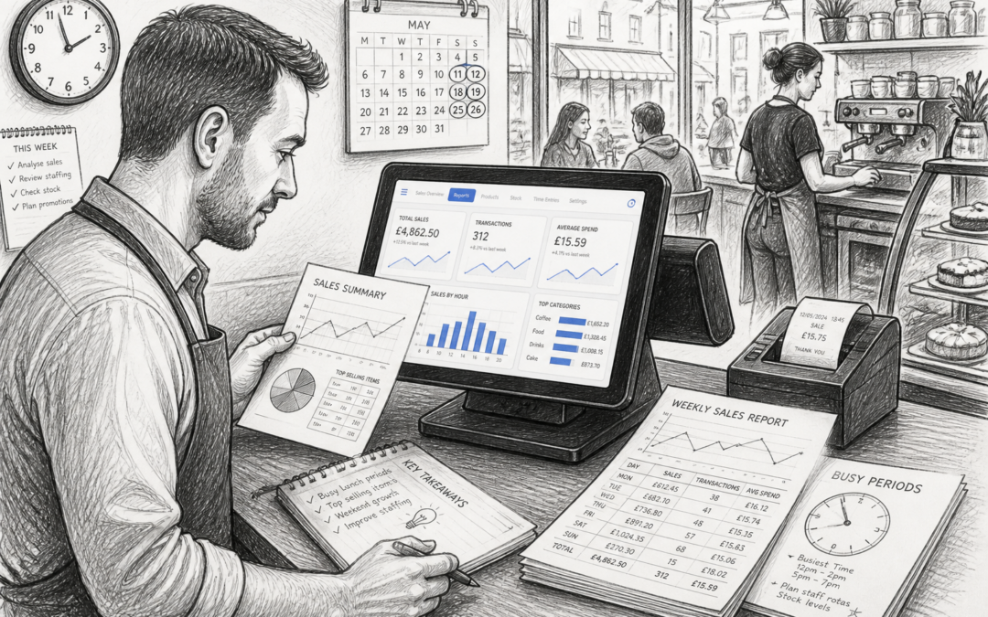 Black-and-white sketch of a UK café or retail shop using a Samtouch EPOS screen and sales reports to make better business decisions.