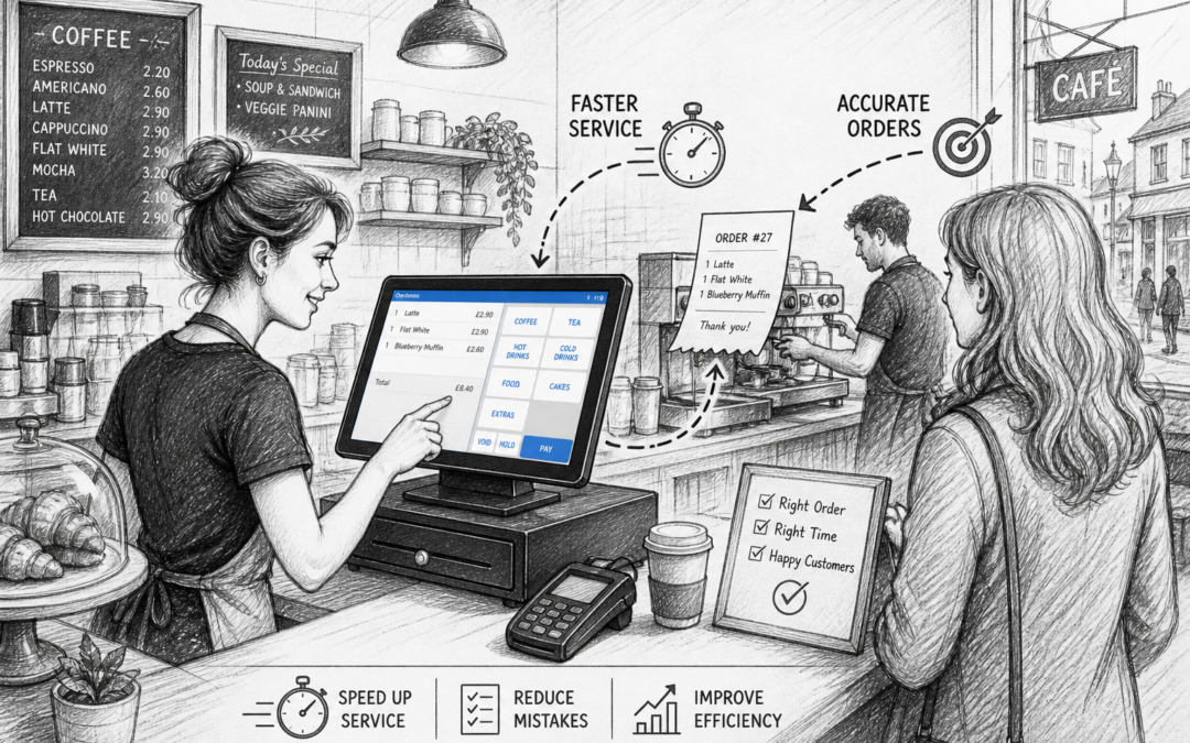 Black and white sketch of a UK café with a touchscreen EPOS terminal, showing faster service and accurate order taking