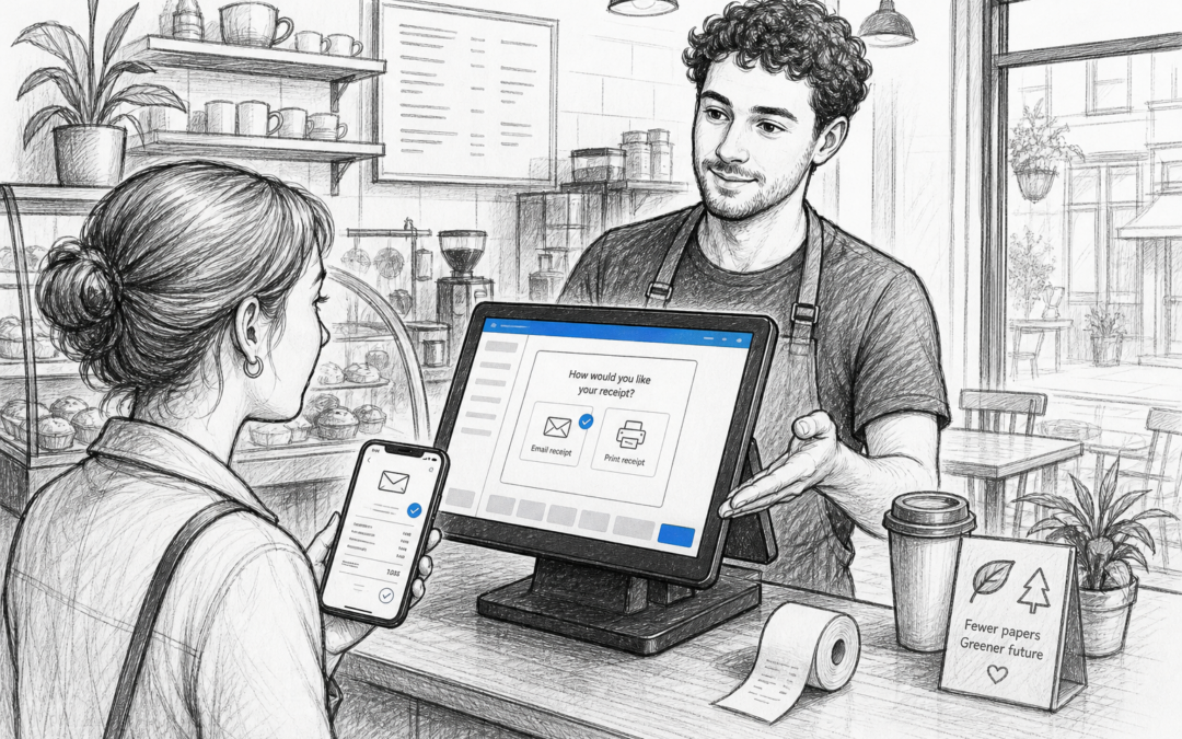 Hand-drawn sketch of a UK café counter with a Samtouch POS terminal and digital receipt being sent to a customer.
