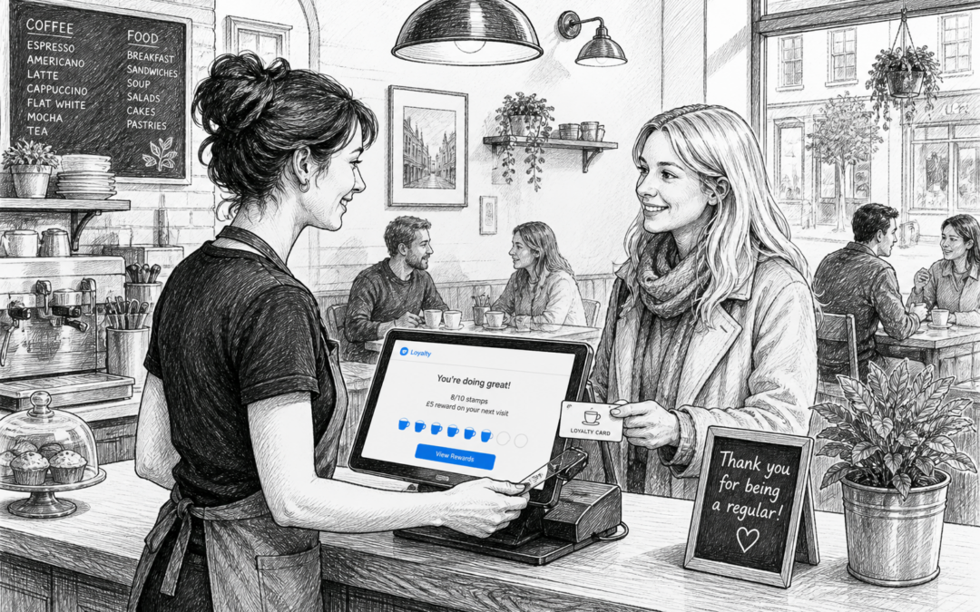 Black-and-white sketch of a UK café using a touchscreen EPOS terminal for customer loyalty rewards.