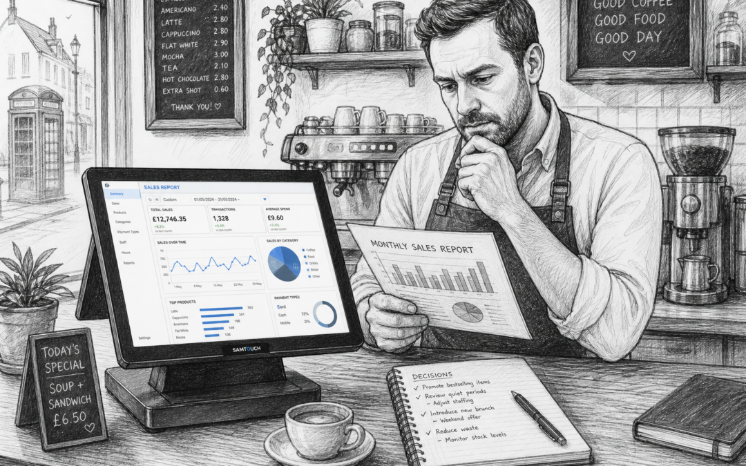 Black-and-white sketch of a UK café owner reviewing EPOS sales reports on a touchscreen till.