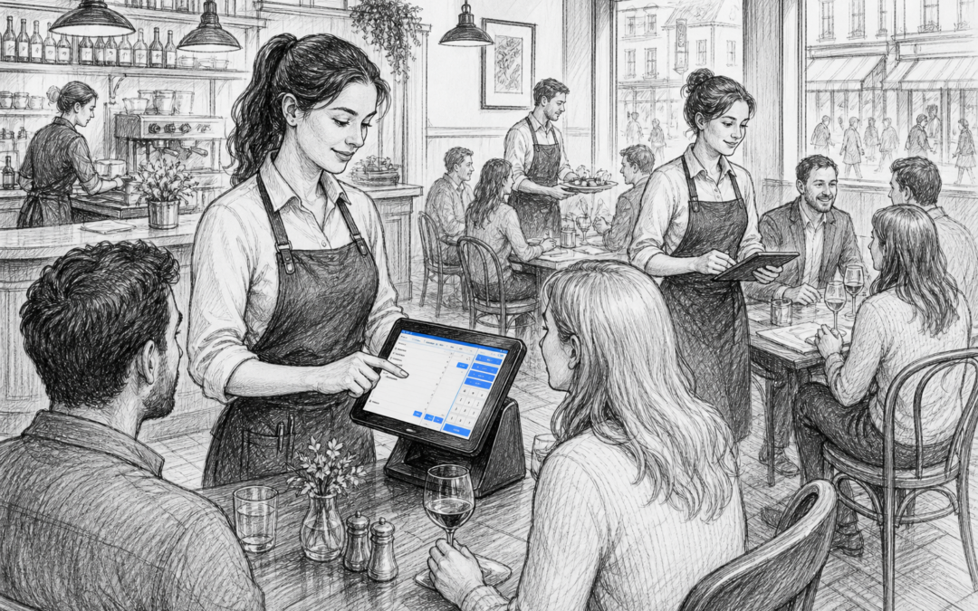 Hand-drawn sketch of a UK café table service scene with a touchscreen EPOS terminal and staff serving customers.