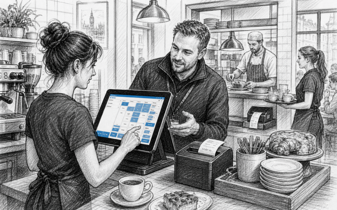 Black-and-white sketch of a UK café or restaurant with a Samtouch-style POS terminal, showing local EPOS support in action.