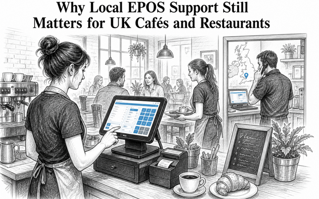 Hand-drawn sketch of a UK café and restaurant EPOS terminal showing the importance of local support.