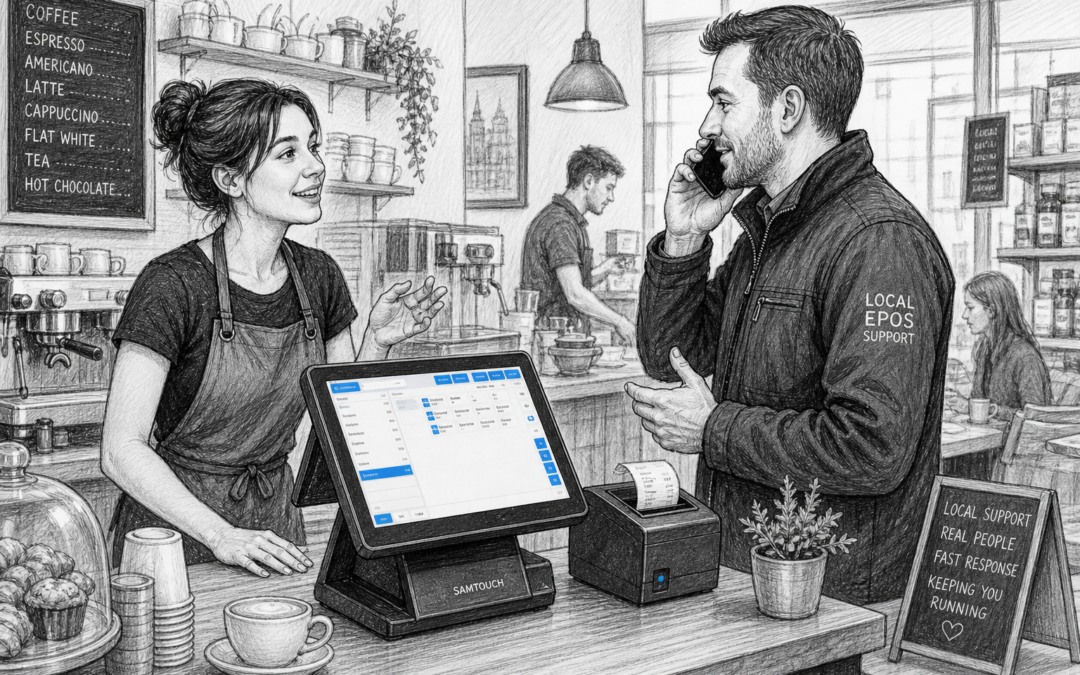 Black-and-white sketch of a UK café counter with a Samtouch-style EPOS terminal and a staff member getting local support help