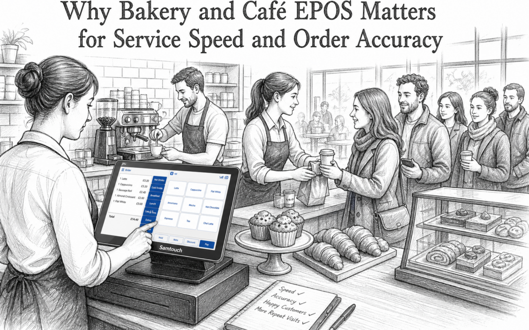 Hand-drawn sketch of a busy UK café and bakery with a touchscreen EPOS terminal helping improve service speed and order accuracy.