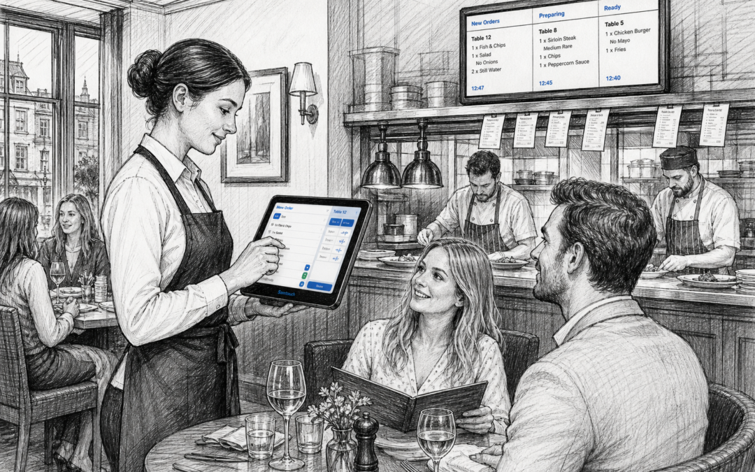 Black-and-white sketch of a restaurant server using a touchscreen EPOS system to take an accurate table order.