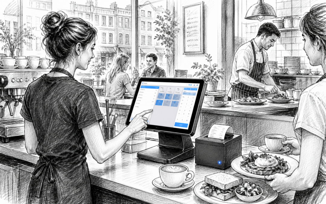 Black and white sketch of a UK café or restaurant with a Samtouch touchscreen EPOS terminal and staff during busy service.