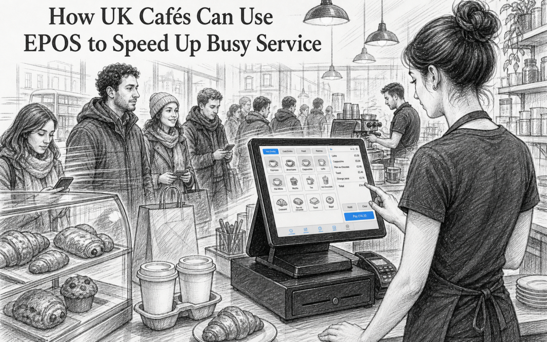 Black-and-white sketch of a busy UK café using a Samtouch touchscreen EPOS terminal to speed up service.