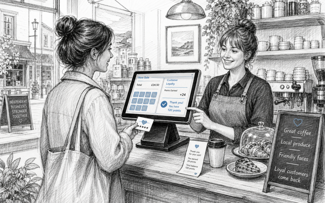 Black-and-white sketch of a UK independent café or retail counter with a Samtouch POS terminal supporting customer loyalty.