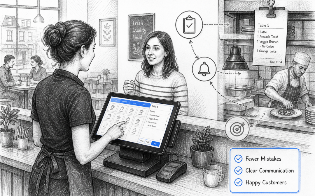 Black-and-white sketch of a café or restaurant using an EPOS touchscreen to improve order accuracy