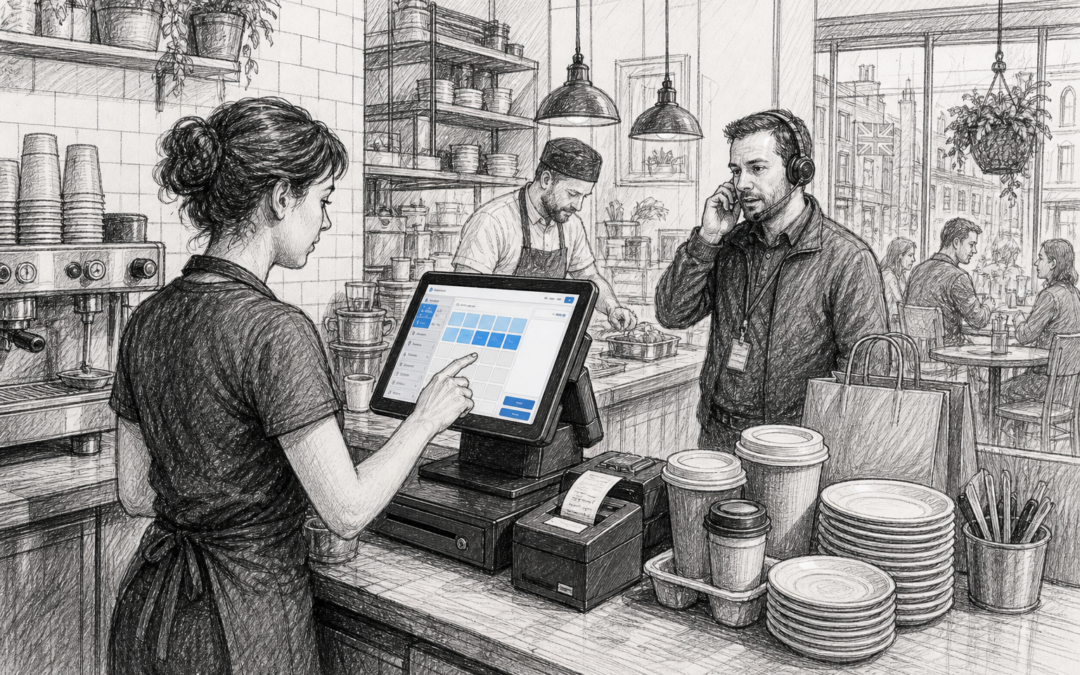 Black-and-white sketch of a UK café or restaurant using a Samtouch POS terminal with local support emphasis