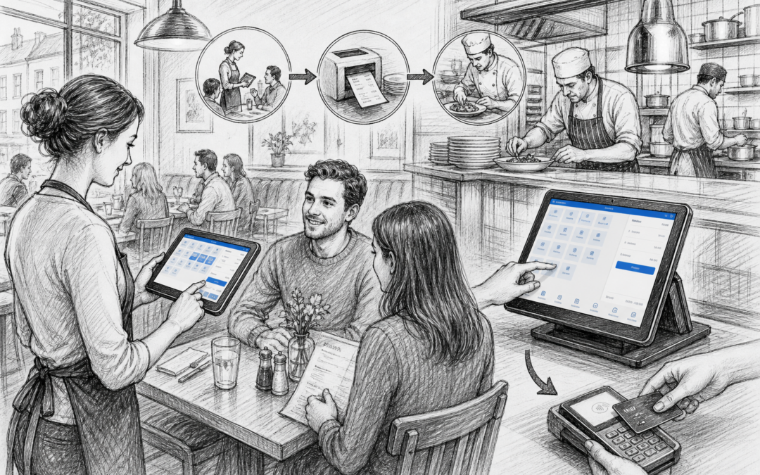 Black and white sketch of a UK café team using a Samtouch touchscreen POS to speed up table service.