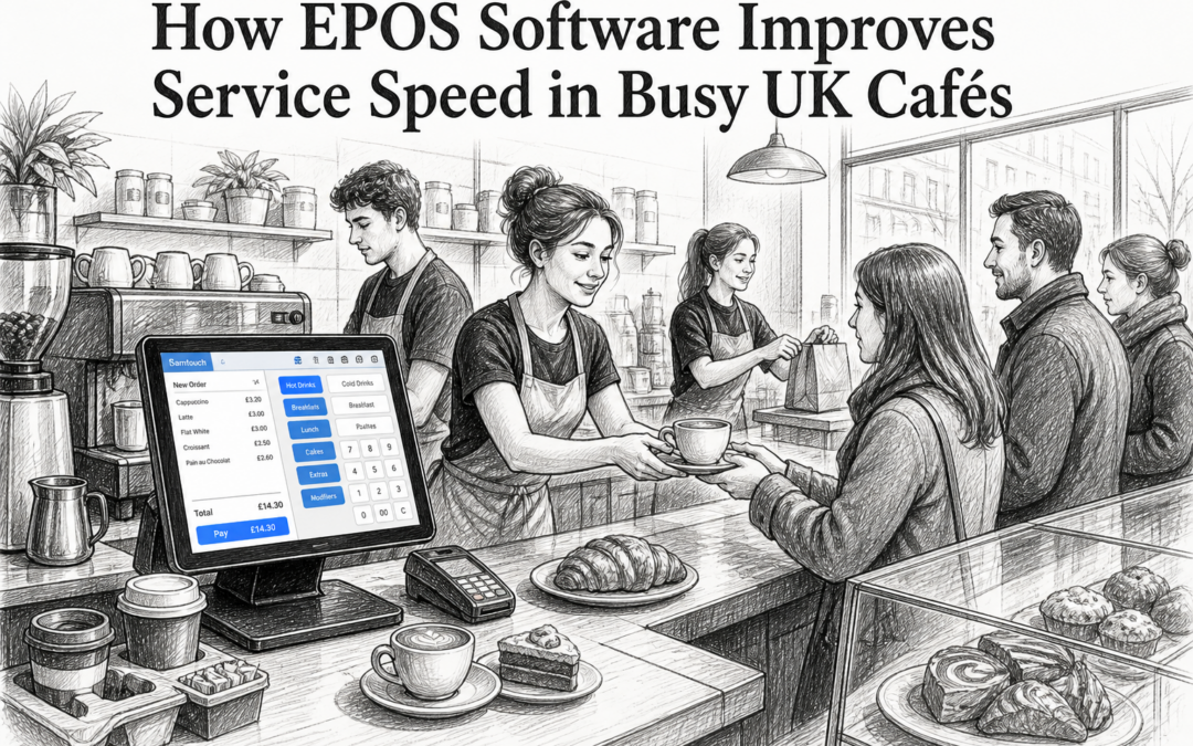 Hand-drawn sketch of a busy UK café using a touchscreen EPOS system to speed up service and payments