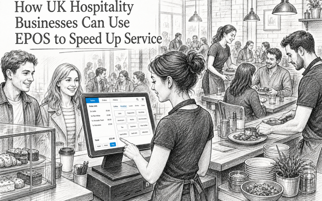Hand-drawn sketch of a UK café using a touchscreen EPOS system to speed up service at the counter and tables.