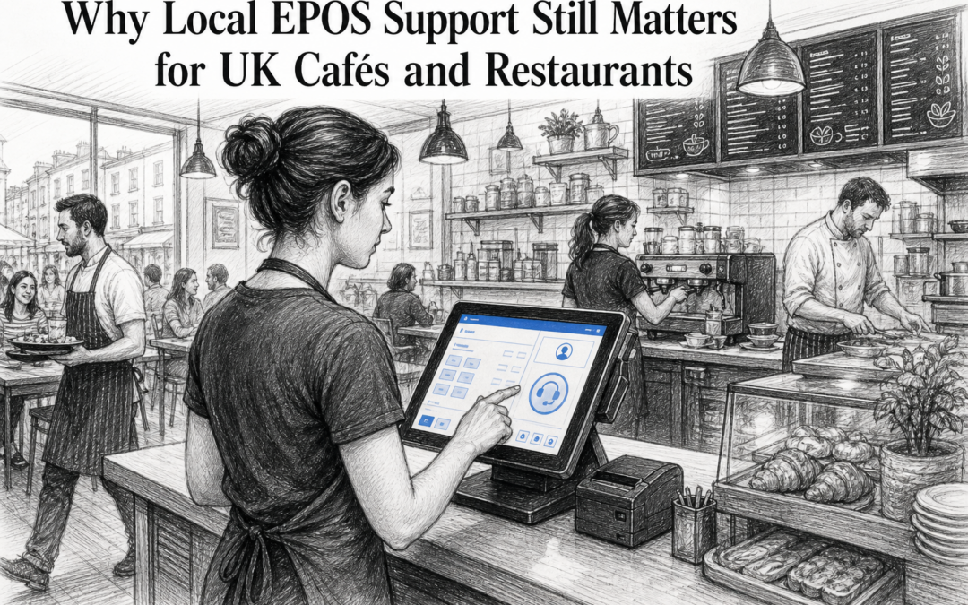 Black-and-white sketch of a UK café or restaurant using a Samtouch-style POS terminal with subtle blue screen accents, showing the importance of local EPOS support.