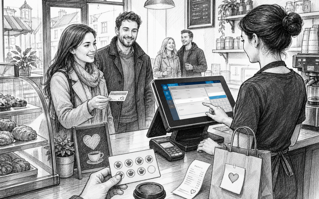 Black-and-white sketch of a UK café counter with a POS touchscreen and loyalty-focused hospitality service scene
