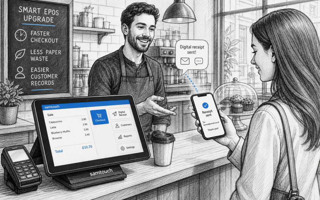Black and white sketch of a UK café or shop checkout using a touchscreen EPOS system to send a digital receipt to a customer by phone.