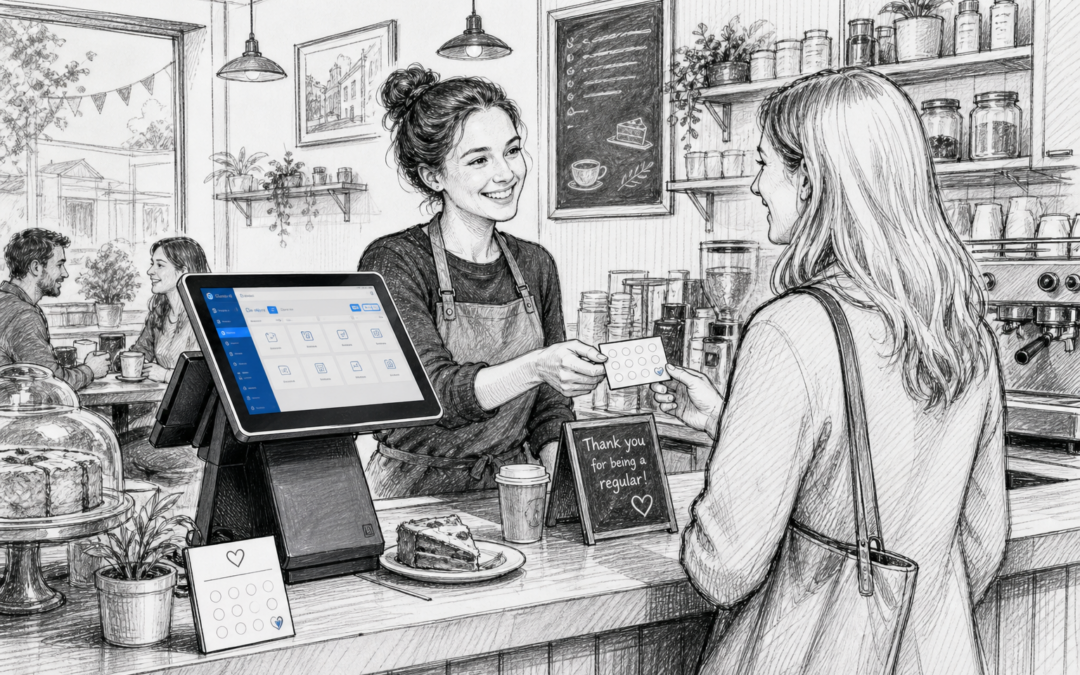 Black-and-white sketch of a UK café with a touchscreen EPOS terminal and customer loyalty details
