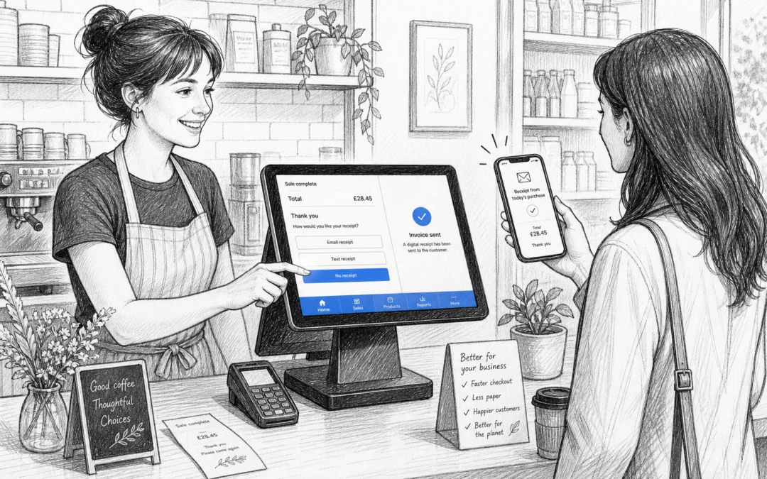 Hand-drawn sketch of a UK café or retail checkout using a Samtouch-style POS terminal to send digital receipts to a customer