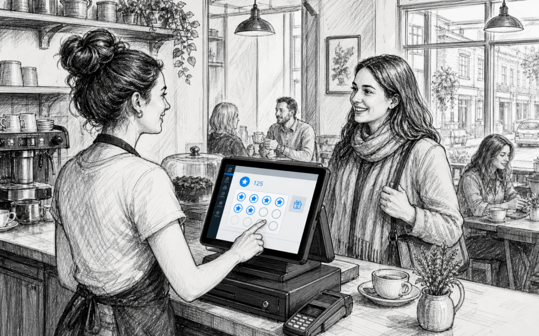 Black-and-white sketch of a UK café with a Samtouch POS terminal showing customer loyalty at the till.
